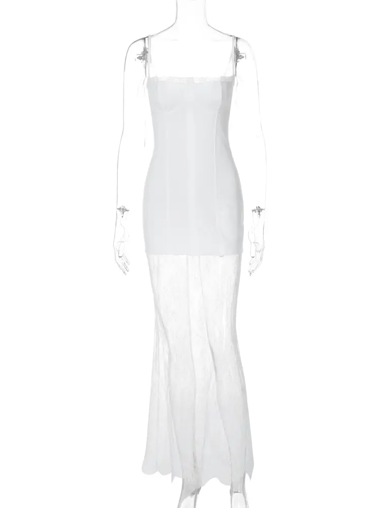 Hugcitar 2024 Elegant White Slips Patchwork Lace Sexy Slim Maxi Dress Summer Women Fashion Outfit Beach Party Festival Wholesale