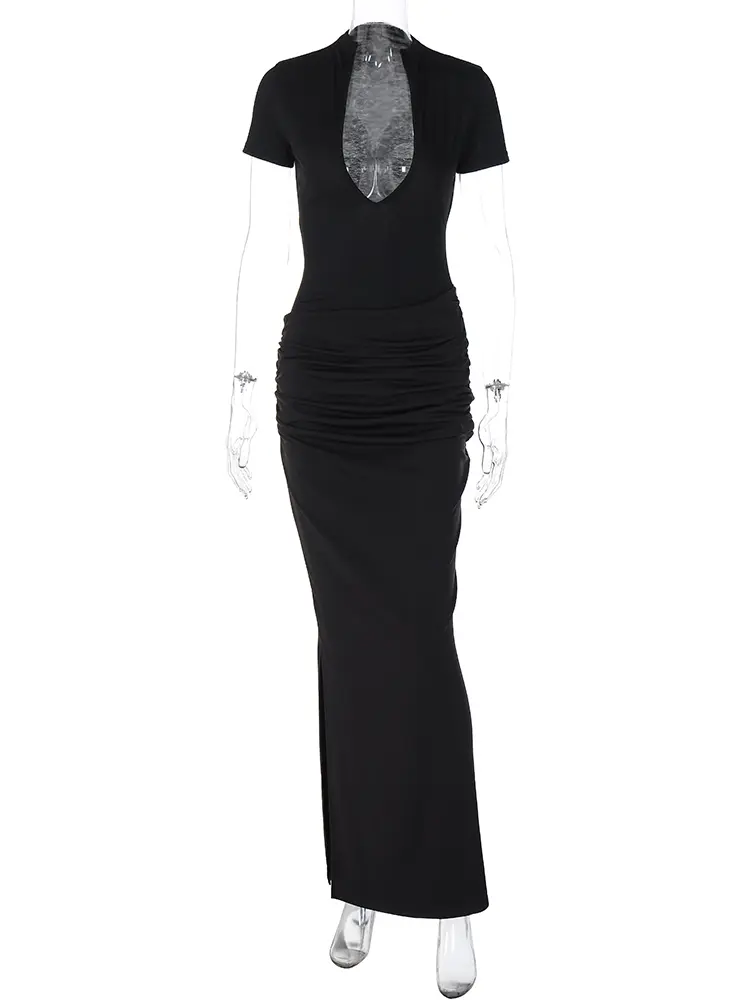 Hugcitar Solid Deep V Neck Short Sleeve Slit Elegant Sexy Bodycon Maxi Dress Summer Female Fashion Outfit Party Festival Club