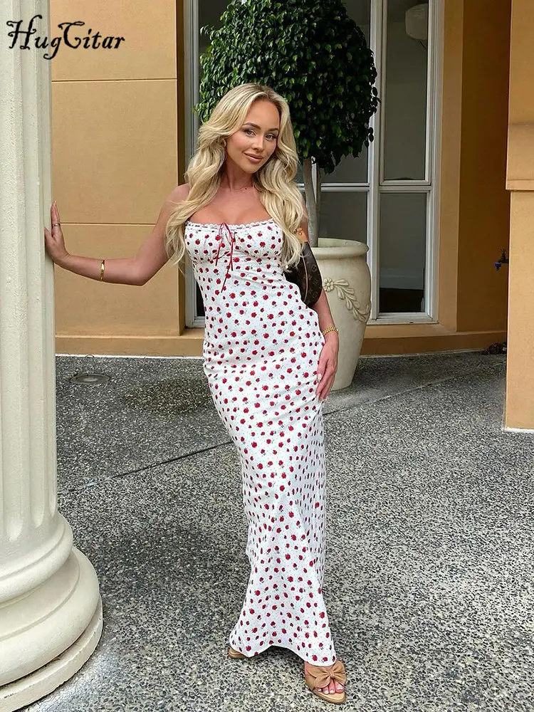 Hugcitar 2024 Elegant Floral Print Slips Backless Sexy Bodycon Maxi Prom Dress Summer Women Outfits Birthday Party Festival Y2K