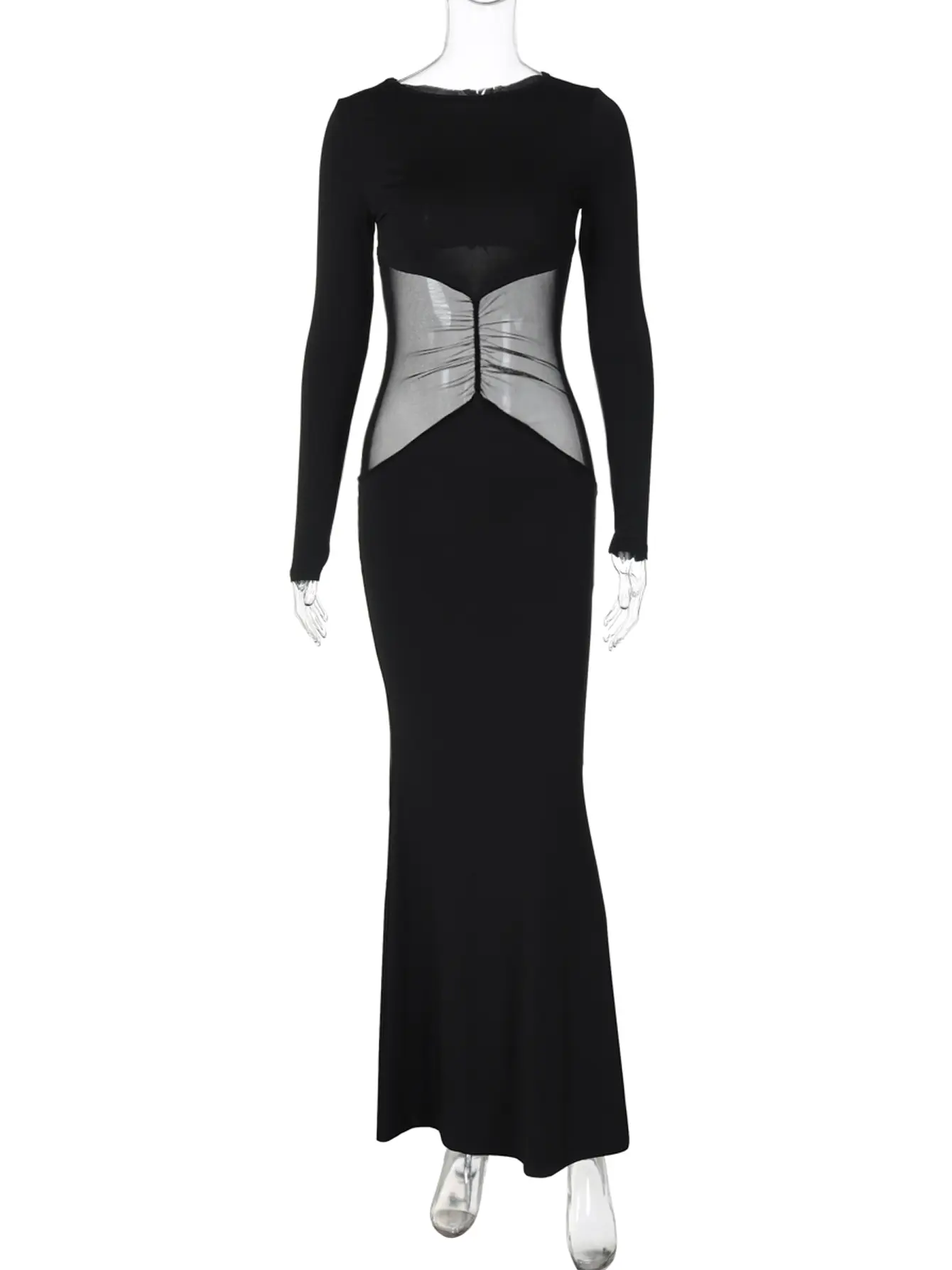 Hugcitar Solid Long Sleeve Patchwork Mesh Sexy Ruched Bodycon Maxi Dress Spring Women Fashion Y2K Clothes Streetwear Party Club