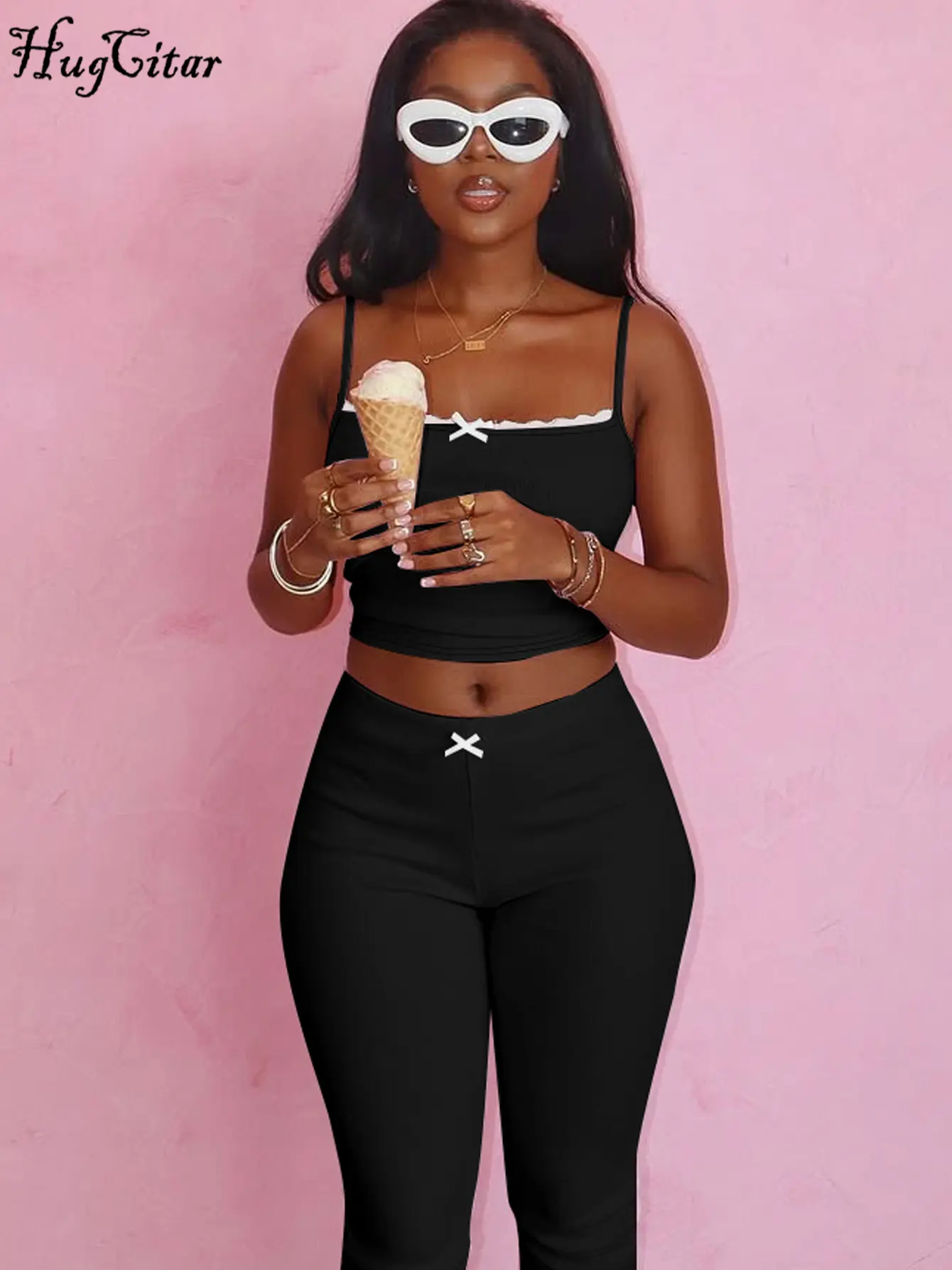 Hugcitar Casual 2 Pcs Sets Solid Patchwork Lace Bow Sexy Crop Camis Top Knee Length Pants Summer Women Outfits Streetwear Sport