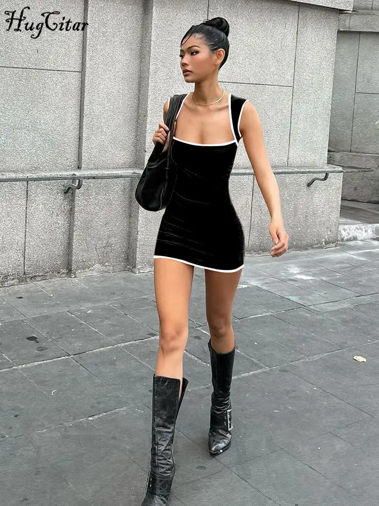 Hugcitar Matching Color Square Collar Sleeveless Sexy Bodycon Mini Dress Summer Women Fashion Y2K Outfit Birthday Festival Party