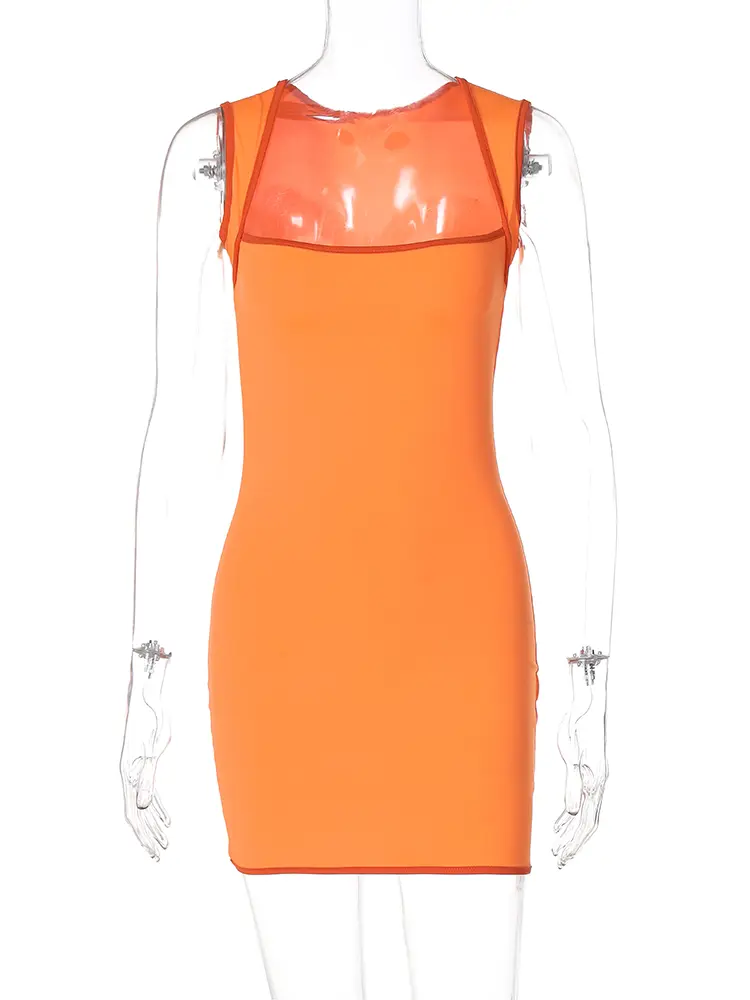 Hugcitar Matching Color Square Collar Sleeveless Sexy Bodycon Mini Dress Summer Women Fashion Y2K Outfit Birthday Festival Party