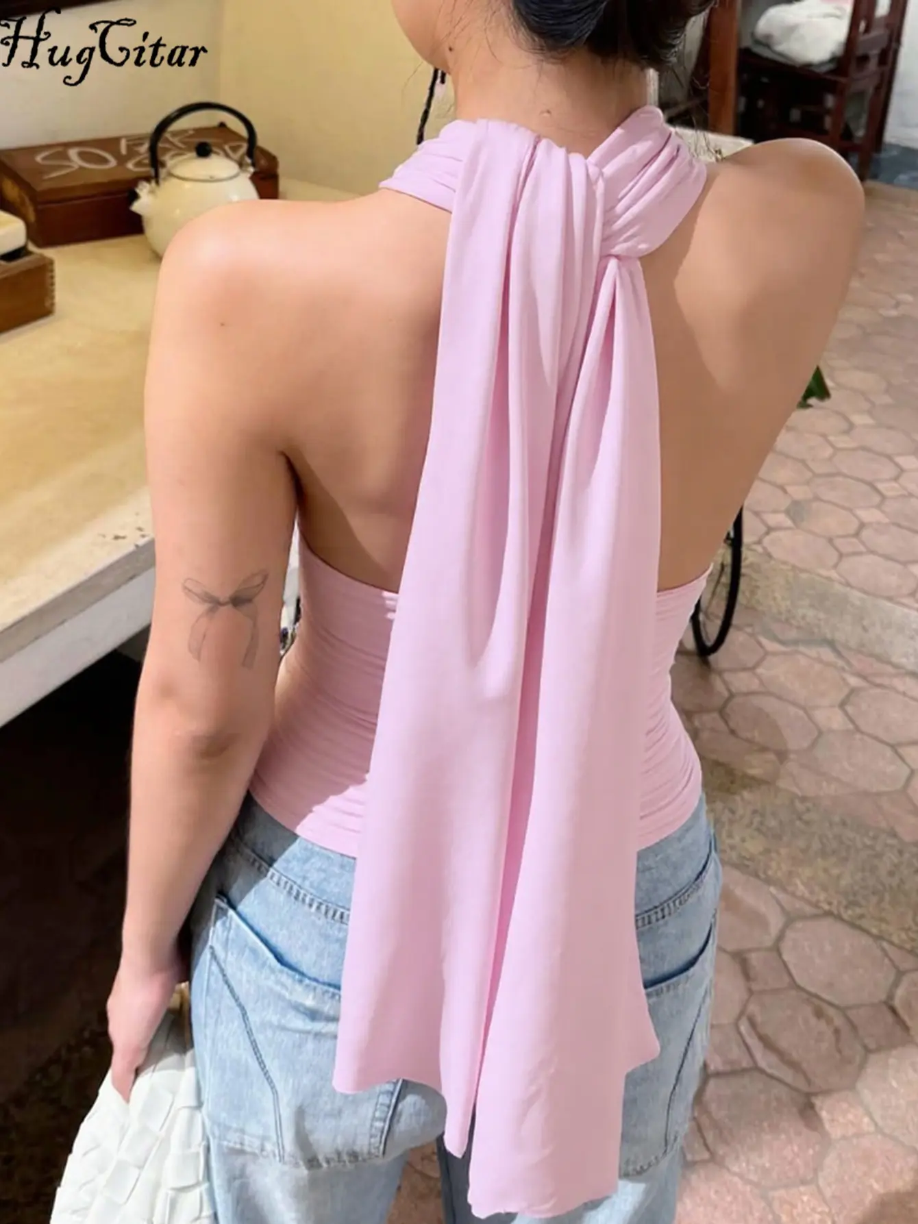Hugcitar Women Fashion Halter V Neck Solid Ruched Backless Bandage Sexy Slim Crop Tank Top Summer Clothes Beach Vacation Club