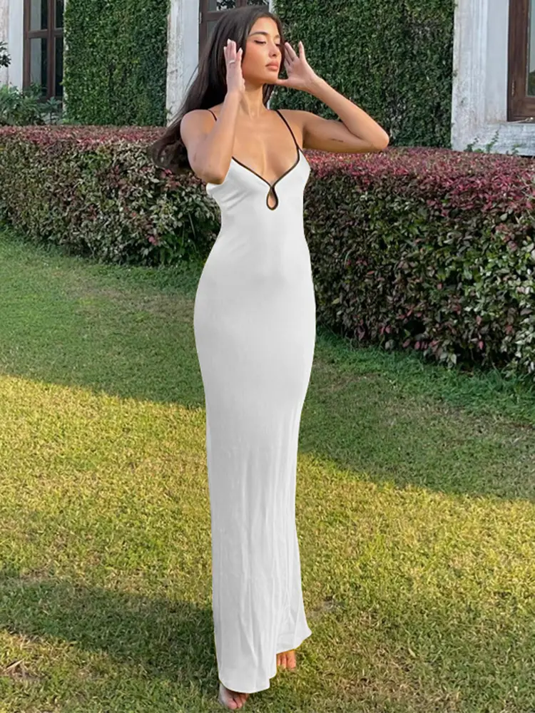Hugcitar Sleeveless Slips Backless Patchwork Lace Up Cut Out Elegant Sexy Maxi Prom Dress 2023 Women Fashion Beach Party Outfit