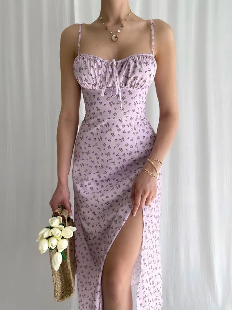 Hugcitar 2025 Sleeveless Satin Slip Floral Ruched Bandage Cut Out Maxi Dress Summer Women Fashion Sexy Party Club Robe Kpytomoa