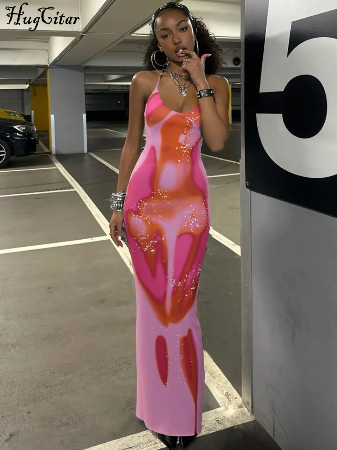 Hugcitar 2025 Spring Halter Print Halter Backless Bandage Belt Sexy Bodycon Maxi Dress Women Fashion Outfits Streetwear Festival
