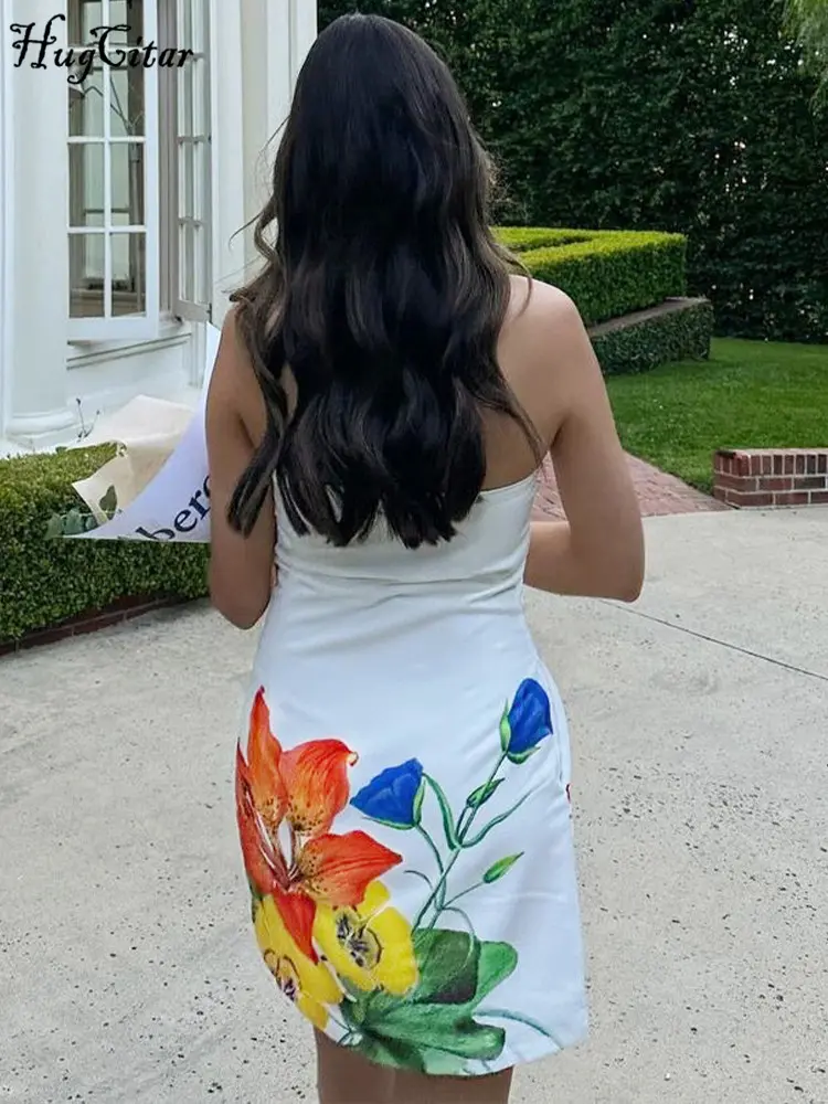 Hugcitar 2024 Elegant Flower Print Strapless Backless Sexy Bodycon Mini Dress Summer Women Y2K Outfits Birthday Beach Festival