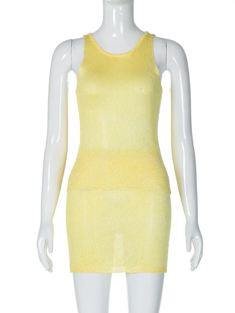 Hugcitar 2024 Knitted 2 Pcs Matching Sets O Neck See Through Sexy Slim Crop Top Skirt Women Casual Outfit Beach Vacation Club