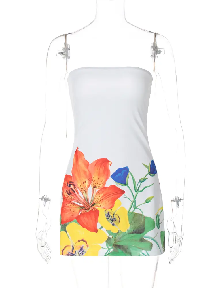 Hugcitar 2024 Elegant Flower Print Strapless Backless Sexy Bodycon Mini Dress Summer Women Y2K Outfits Birthday Beach Festival
