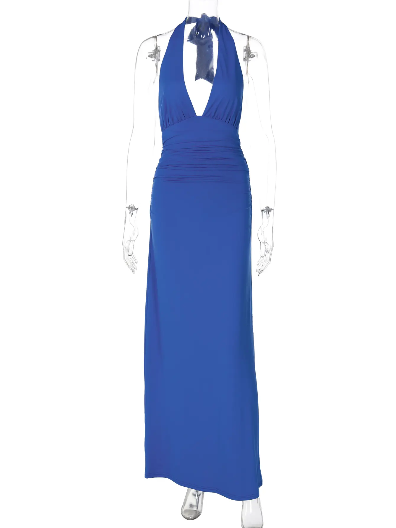 Hugcitar 2025 Summer Halter V Neck Ruched Backless Sexy Elegant Solid Bandage Maxi Dress Women Clothes Evening Party Festival