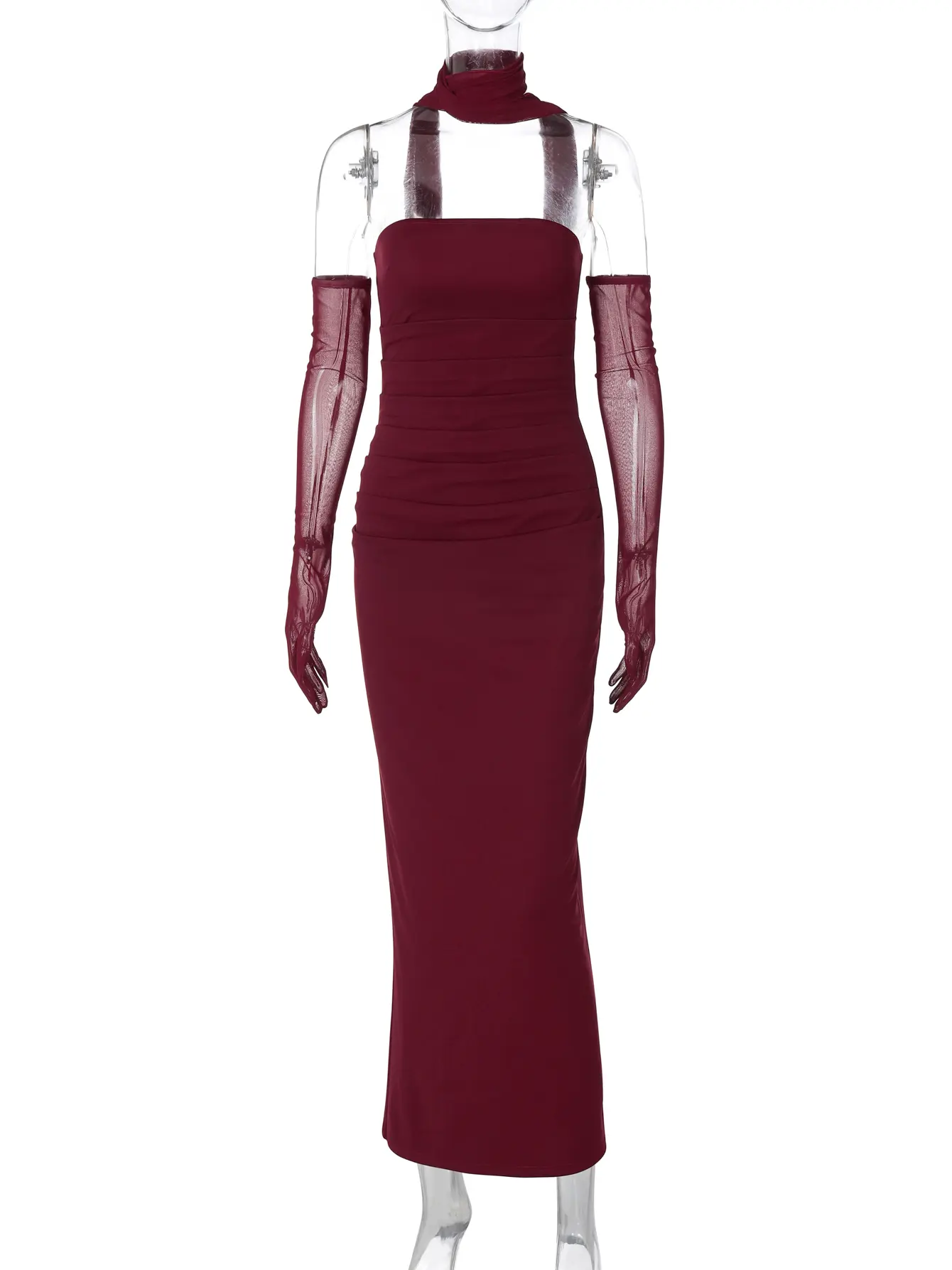 Hugcitar Elegant Scarf Strapless Solid Mesh Gloves Sexy Bodycon Maxi Prom Dress Women Fashion Y2K Outfits Wedding Party Birthday