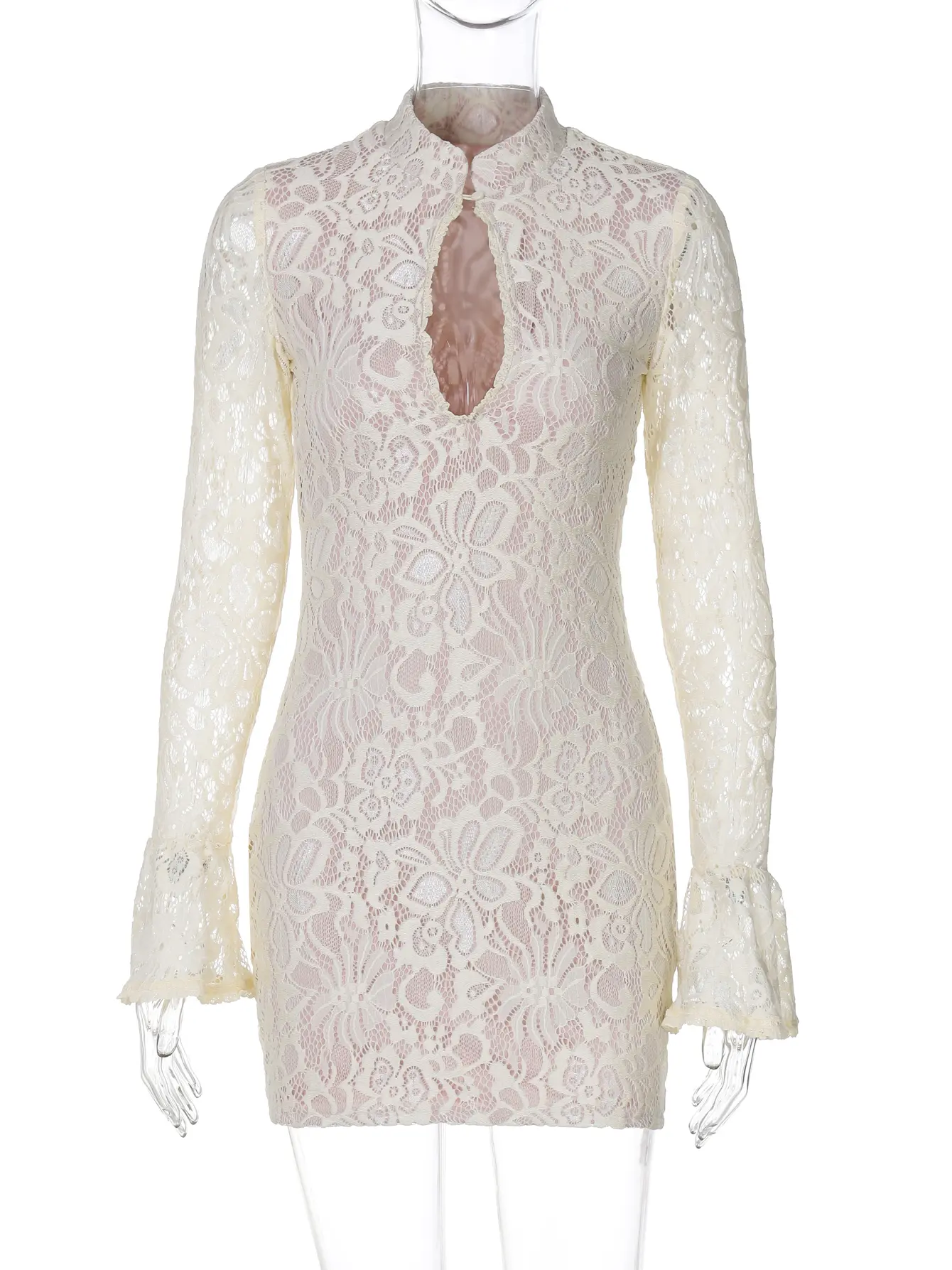 Hugcitar Turtleneck Long Flare Sleeve Patchwork Lace Hollow Out Button Sexy Mini Dress 2025 Spring Women Clothes Party Nightclub