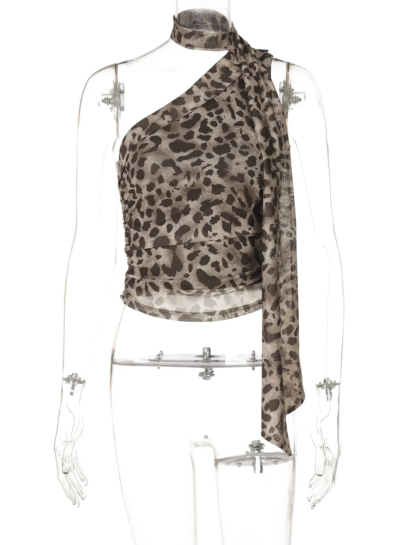 Hugcitar Fashion Leopard Print Halter One Shoulder Sexy Slim Crop Tank Top Summer Women Casual Y2K Clothes Party Festival Club