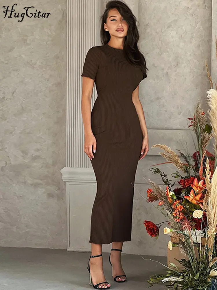 Hugcitar 2024 Spring Solid O Neck Short Sleeve Lace Up Sexy Bodycon Maxi Dress Women Elegant Outfits Party Club Vacation