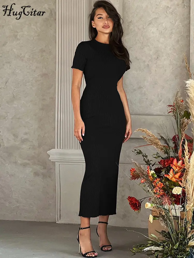 Hugcitar 2024 Spring Solid O Neck Short Sleeve Lace Up Sexy Bodycon Maxi Dress Women Elegant Outfits Party Club Vacation