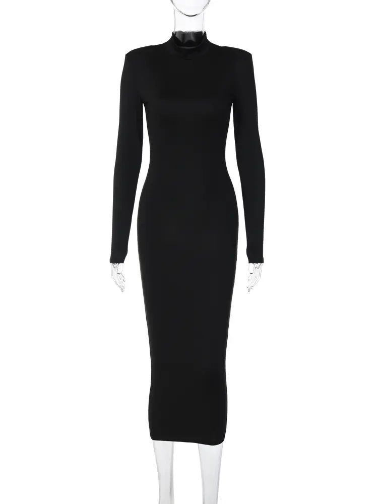 Hugcitar Women Fashion Turtleneck Long Sleeves Black Sexy Bodycon Maxi Prom Dress Fall Casual Clothes Streetwear Party Festival
