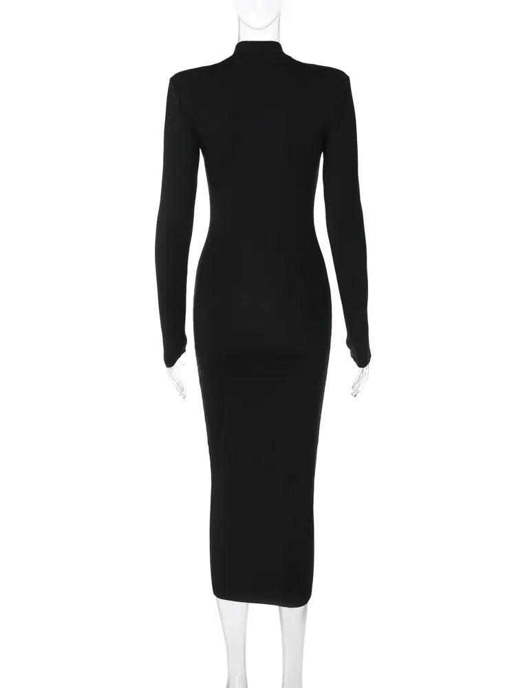 Hugcitar Women Fashion Turtleneck Long Sleeves Black Sexy Bodycon Maxi Prom Dress Fall Casual Clothes Streetwear Party Festival