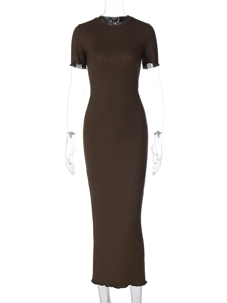 Hugcitar 2024 Spring Solid O Neck Short Sleeve Lace Up Sexy Bodycon Maxi Dress Women Elegant Outfits Party Club Vacation