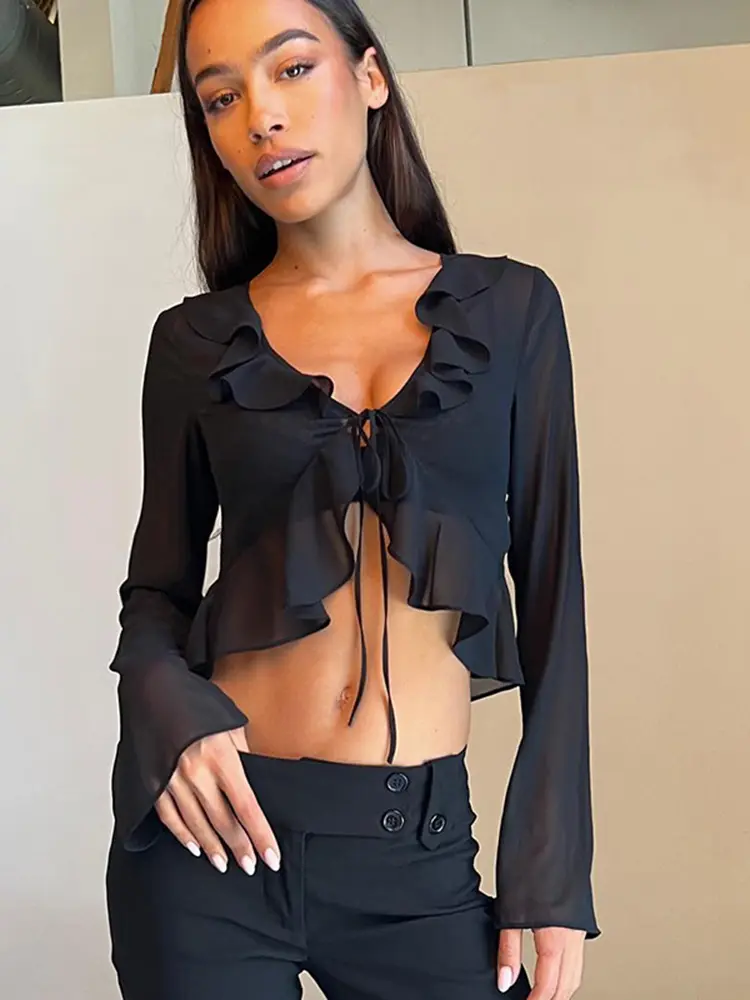 Hugcitar 2025 Women Fungus Lace Solid See Through Silk Flare Sleeve V Neck Crop Tank Fashion Casual Sweet Girl Top