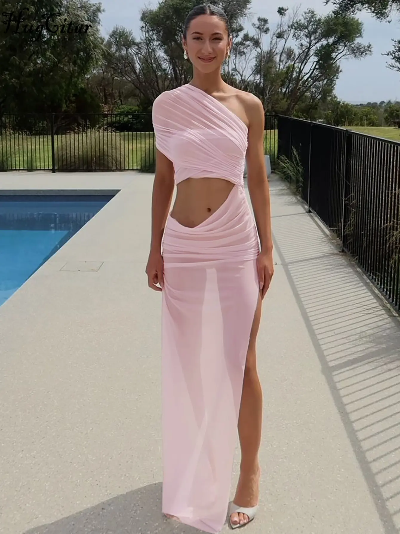 Hugcitar Fashion Solid One Shoulder Patchwork Mesh Hollow Out Ruched Slit Sexy Maxi Dress See Through Y2K Outfits Beach Festival