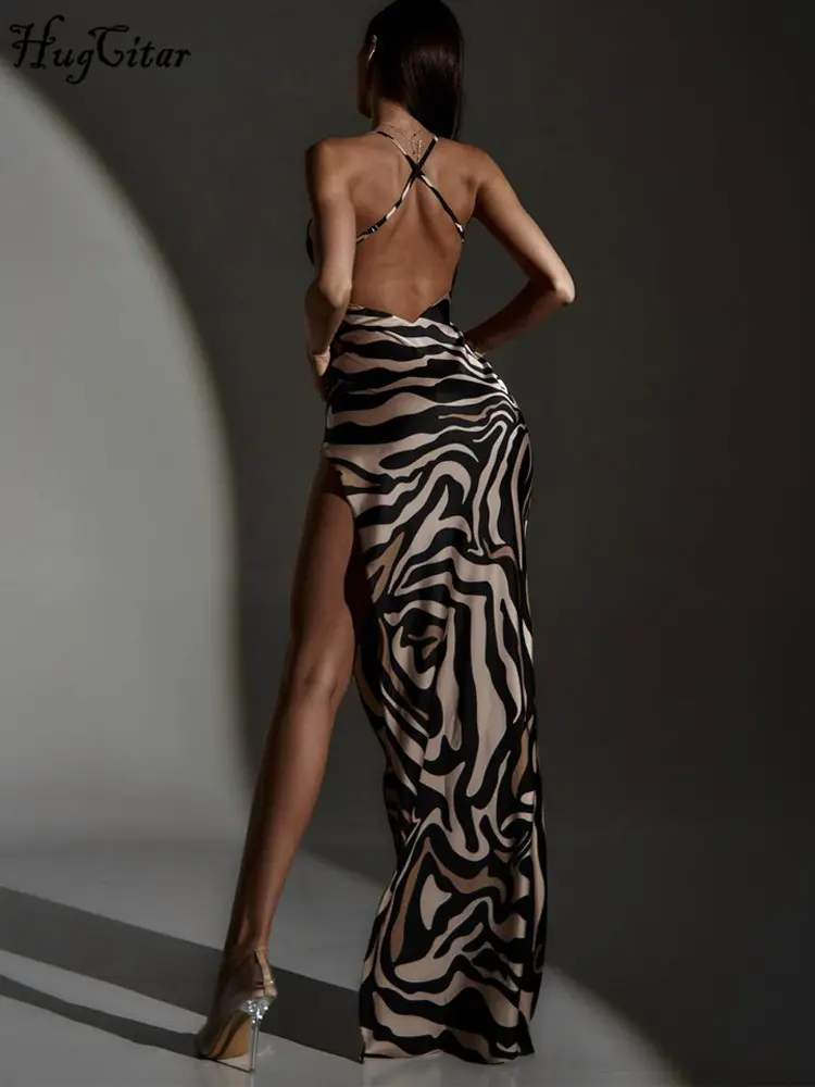 Hugcitar Zebra Print Slips Backless Patchwork Lace Slit Sexy Slim Maxi Dress Summer Women Fashion Outfits Party Beach Festival