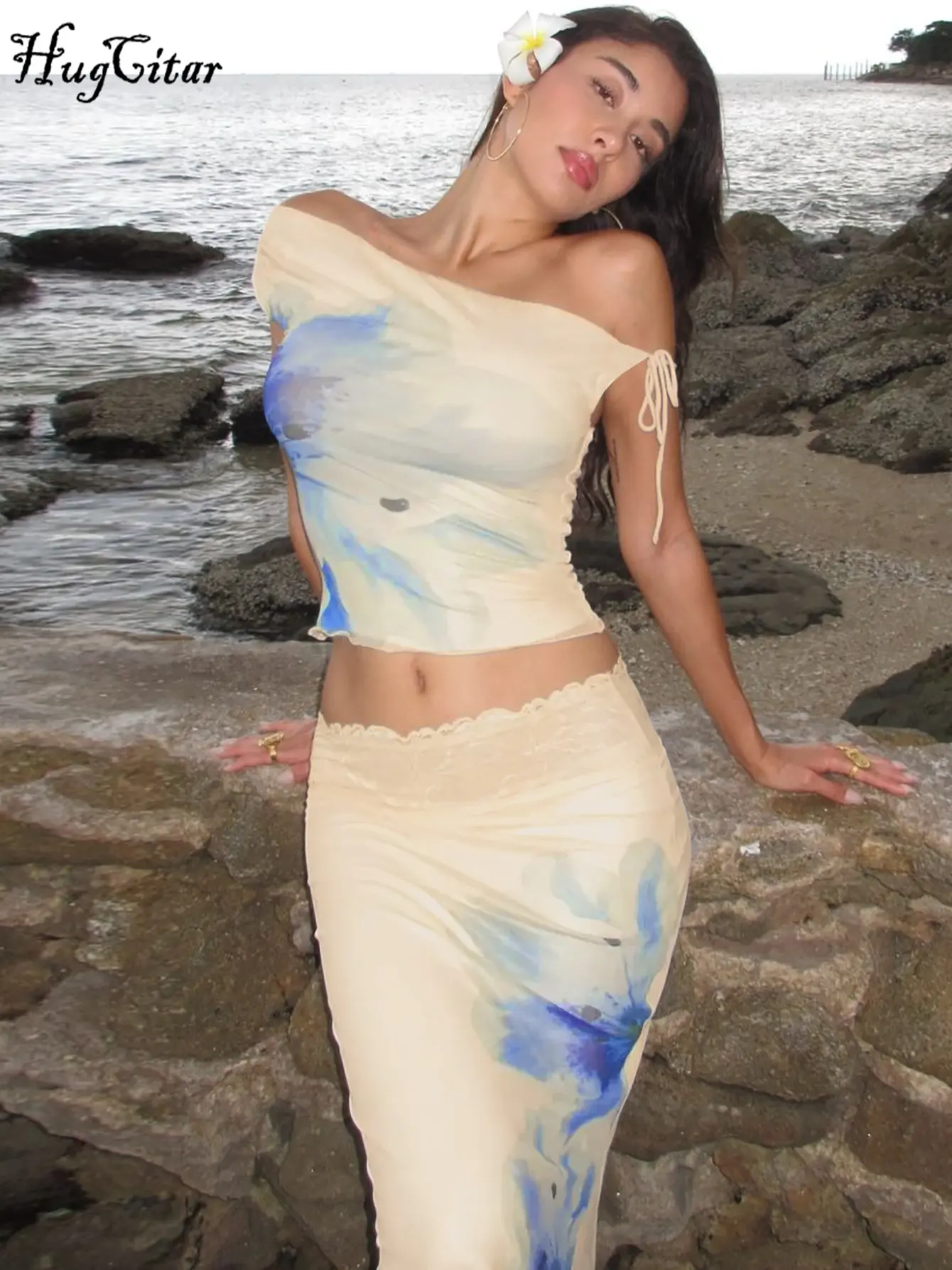Hugcitar Elegant 2 Piece Sets Floral Print Skew Collar Sexy Crop Tank Top Maxi Skirt Summer Women Clothes Beach Vacation Club
