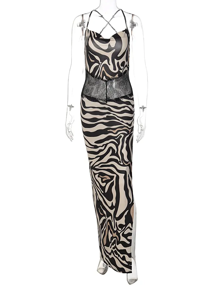 Hugcitar Zebra Print Slips Backless Patchwork Lace Slit Sexy Slim Maxi Dress Summer Women Fashion Outfits Party Beach Festival