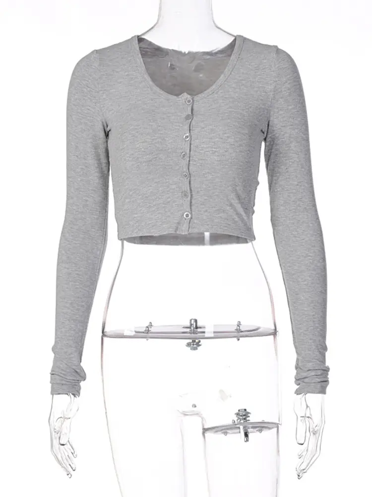 Hugcitar Long Sleeve Solid O Neck Buttons Sexy Slim Crop T-Shirt Top Fall Women Elegant Cute Outfit Streetwear Party Y2K