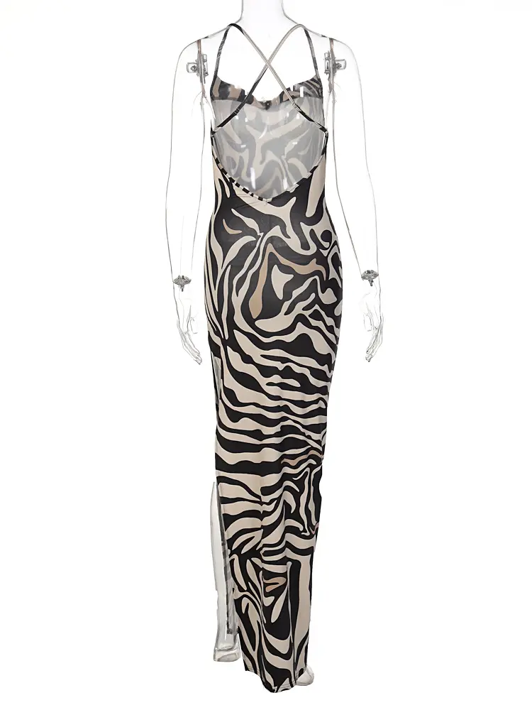 Hugcitar Zebra Print Slips Backless Patchwork Lace Slit Sexy Slim Maxi Dress Summer Women Fashion Outfits Party Beach Festival