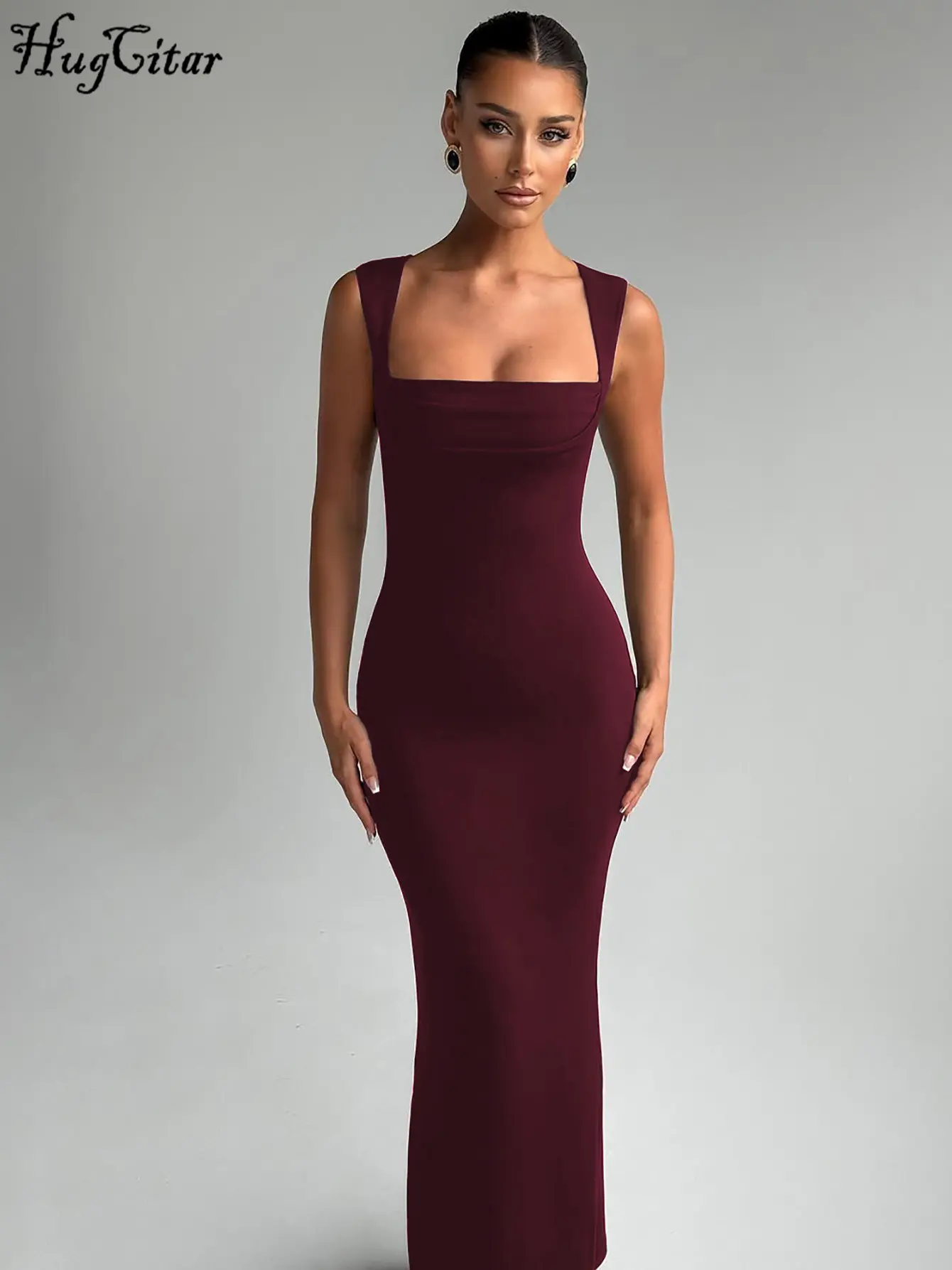 Hugcitar Women Elegant Solid Square Collar Straps Sexy Bodycon Maxi Prom Dress Summer Women Y2K Clothes Evening Party Birthday