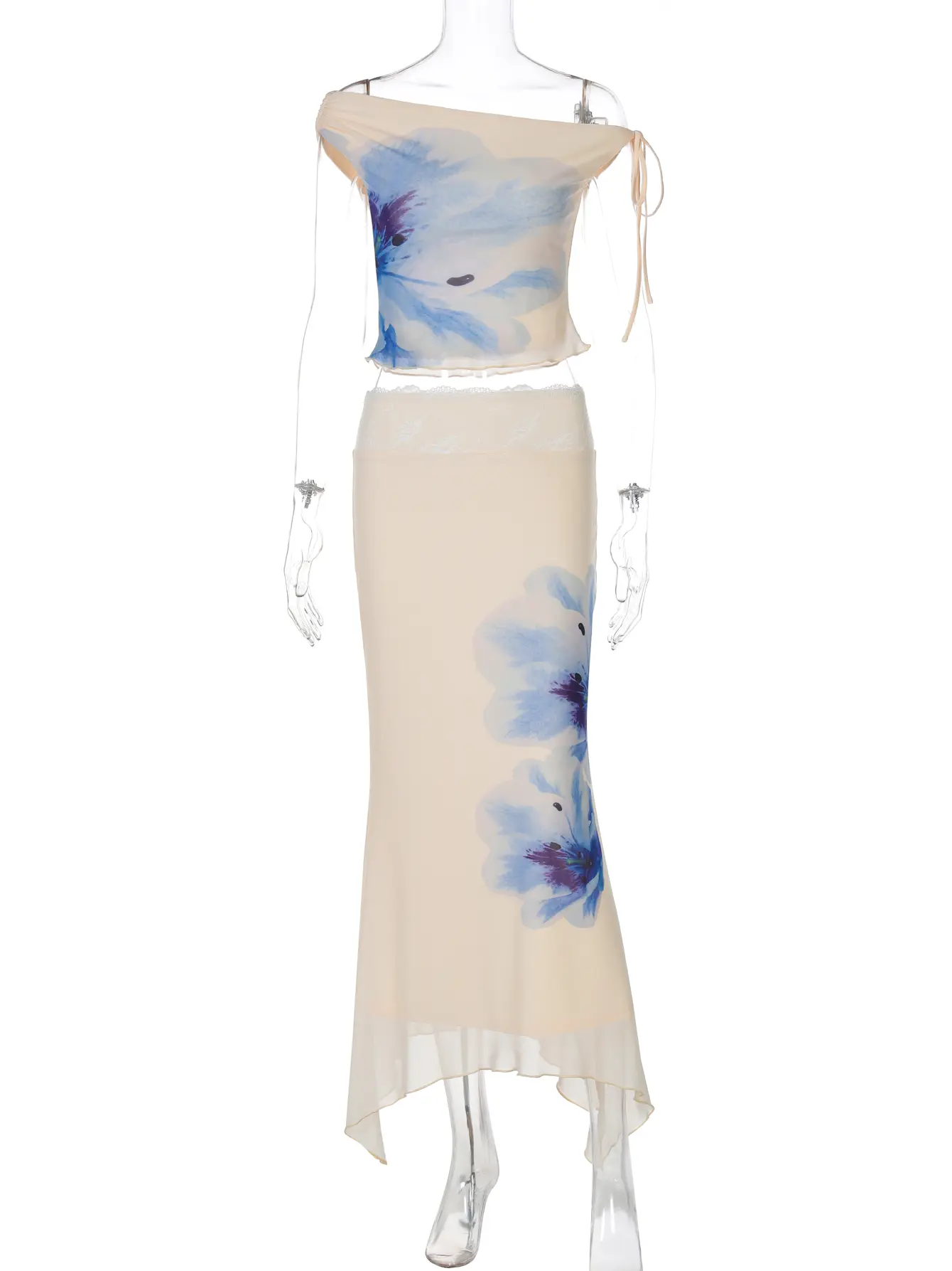 Hugcitar Elegant 2 Piece Sets Floral Print Skew Collar Sexy Crop Tank Top Maxi Skirt Summer Women Clothes Beach Vacation Club
