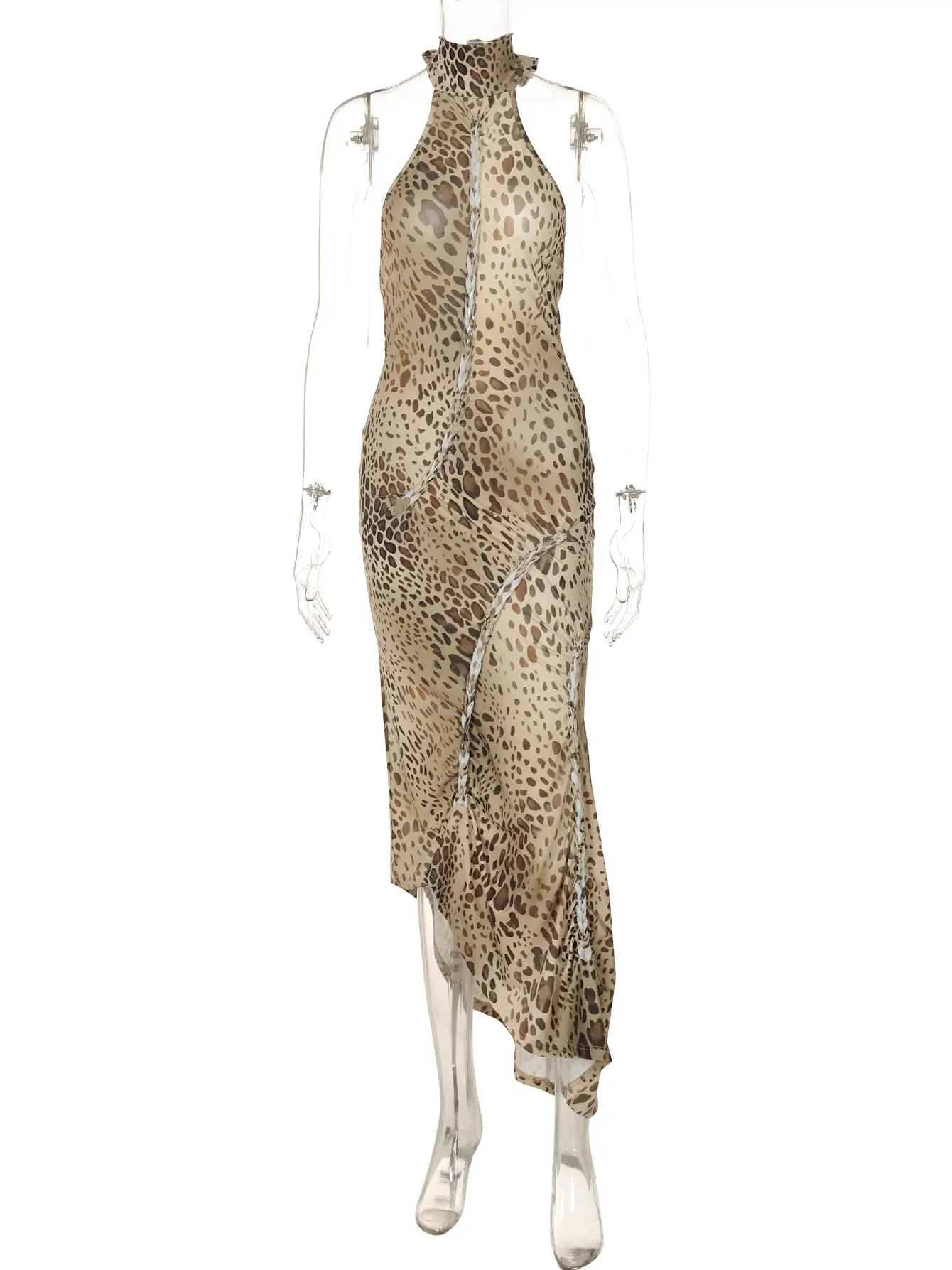 Hugcitar Leopard Print Turtleneck Sleeveless Backless Bandage Cut Out Slit Sexy Maxi Dress Fashion Outfits Vacation Nightclub
