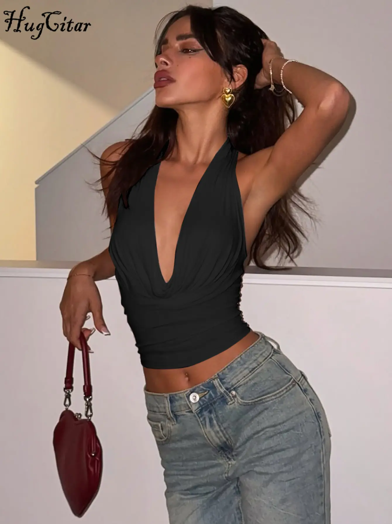 Hugcitar Women'S Fashion Sexy Halter Swing Collar Backless Solid  Crop Tank Top 2025 Summer Outfits Party Vacation Night Club