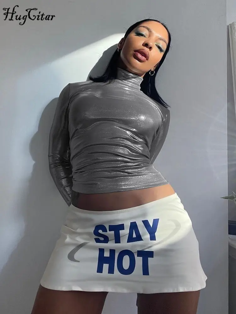 Hugcitar Turtleneck Long Sleeve Sexy Slim Crop T-Shirt Top 2024 Spring Summer New Outfits Streetwear Party Club Y2K