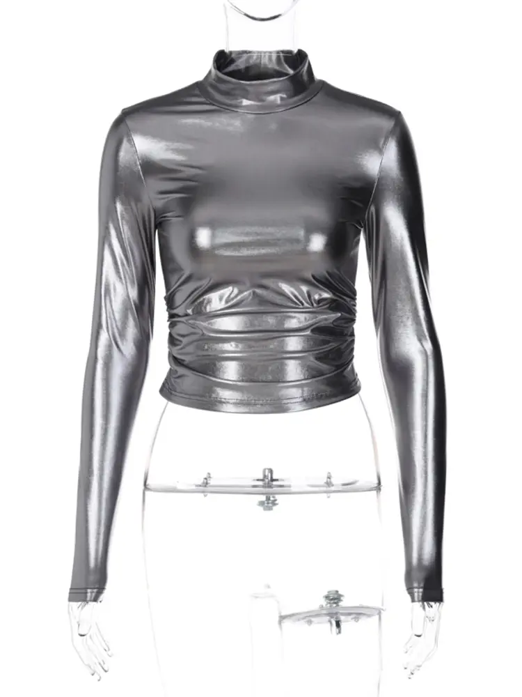 Hugcitar Turtleneck Long Sleeve Sexy Slim Crop T-Shirt Top 2024 Spring Summer New Outfits Streetwear Party Club Y2K