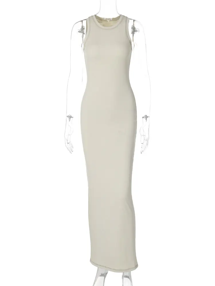 Hugcitar Ribbed O Neck Sleeveless Solid Bright Line Sexy Bodycon Maxi Dress Summer Women Elegant Outfits Party Festival