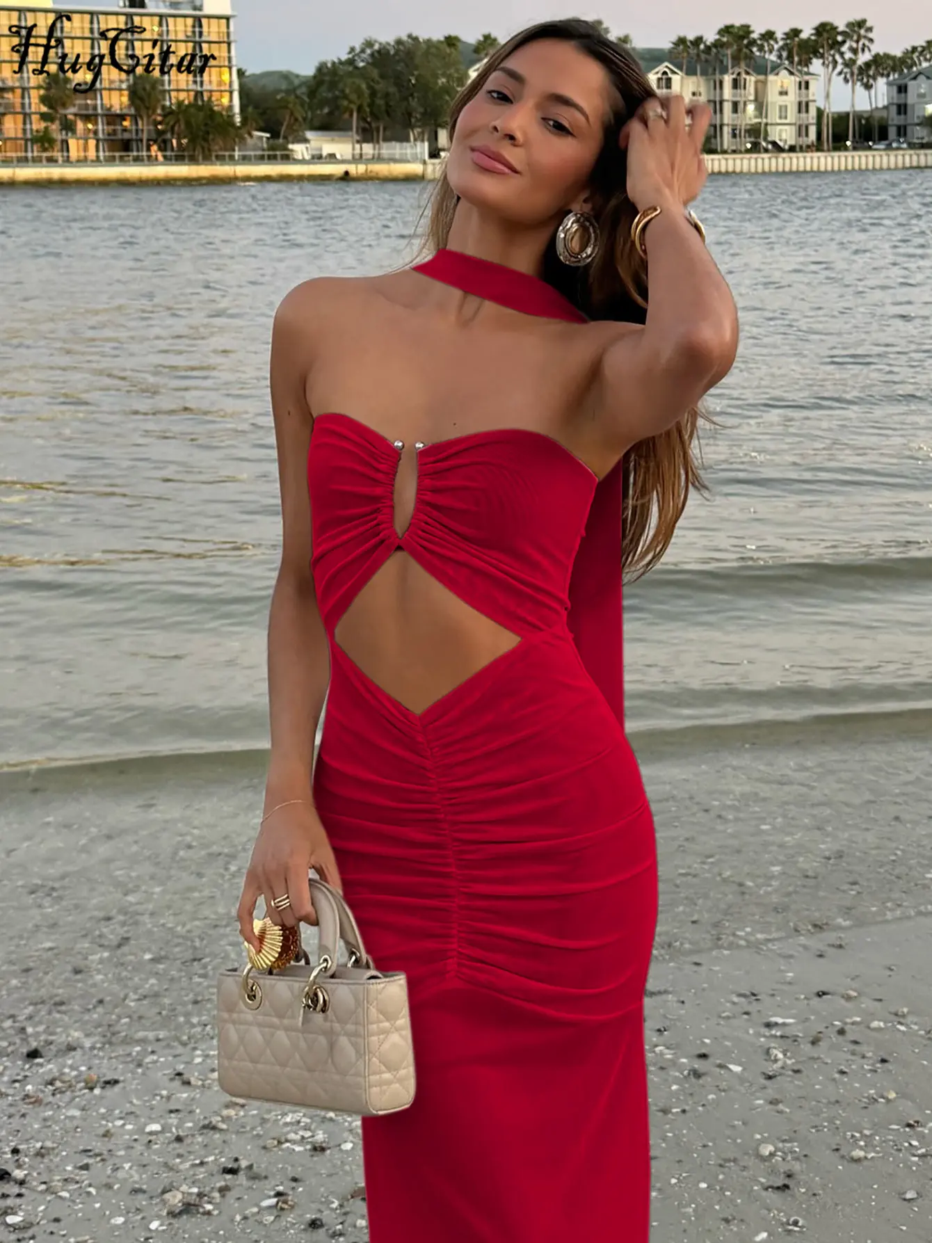Hugcitar Scarf Strapless Solid Draped Sexy Backless Hollow Out Patchwork Slim Maxi Dress Fashion Women Vacation Y2K Outfit Party