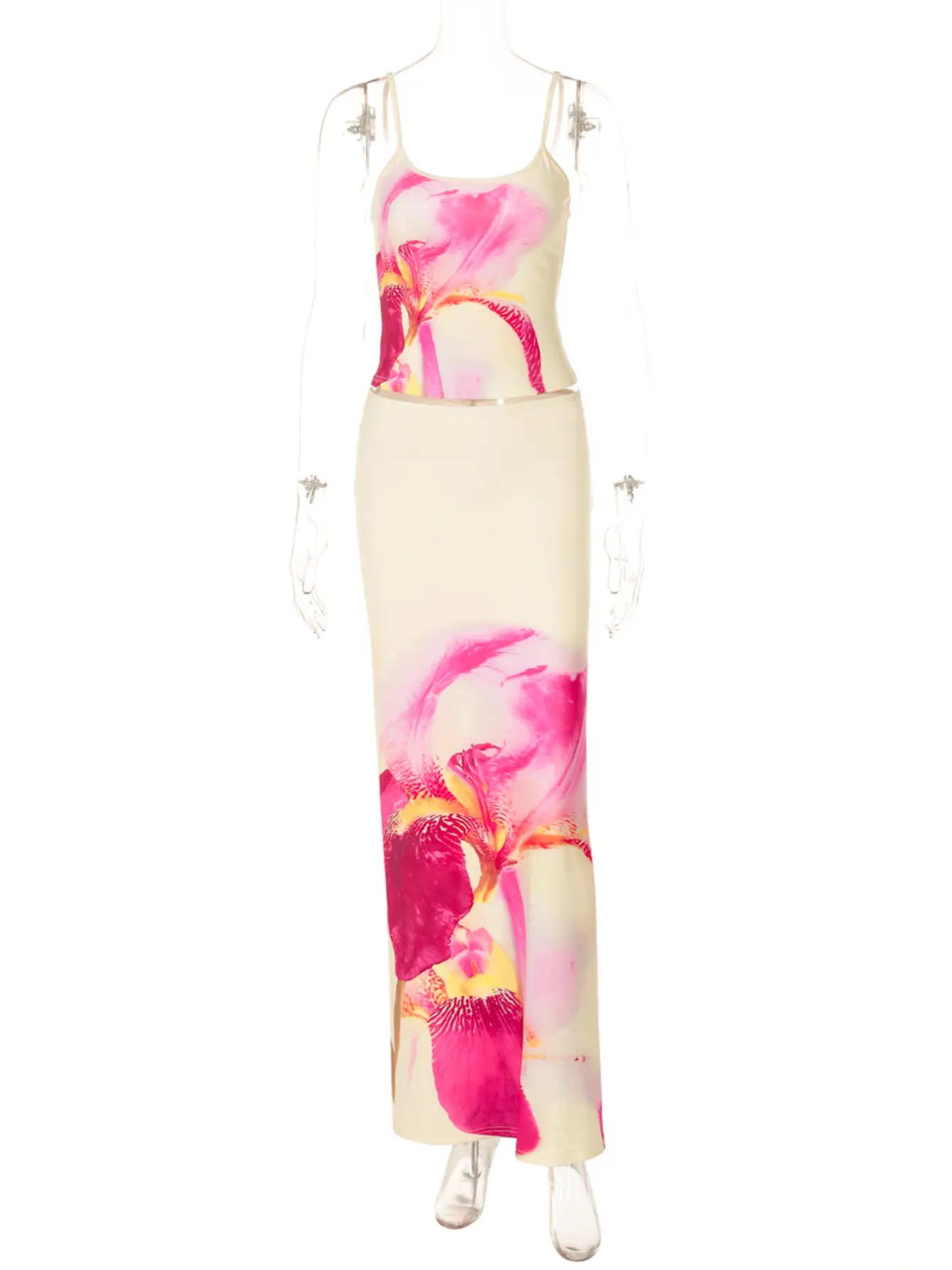 Hugcitar Flower Print 2 Piece Sets Slips Sexy Slim Crop Camis Top Ruched Maxi Skirt Summer Women Fashion Outfits Beach Vacation