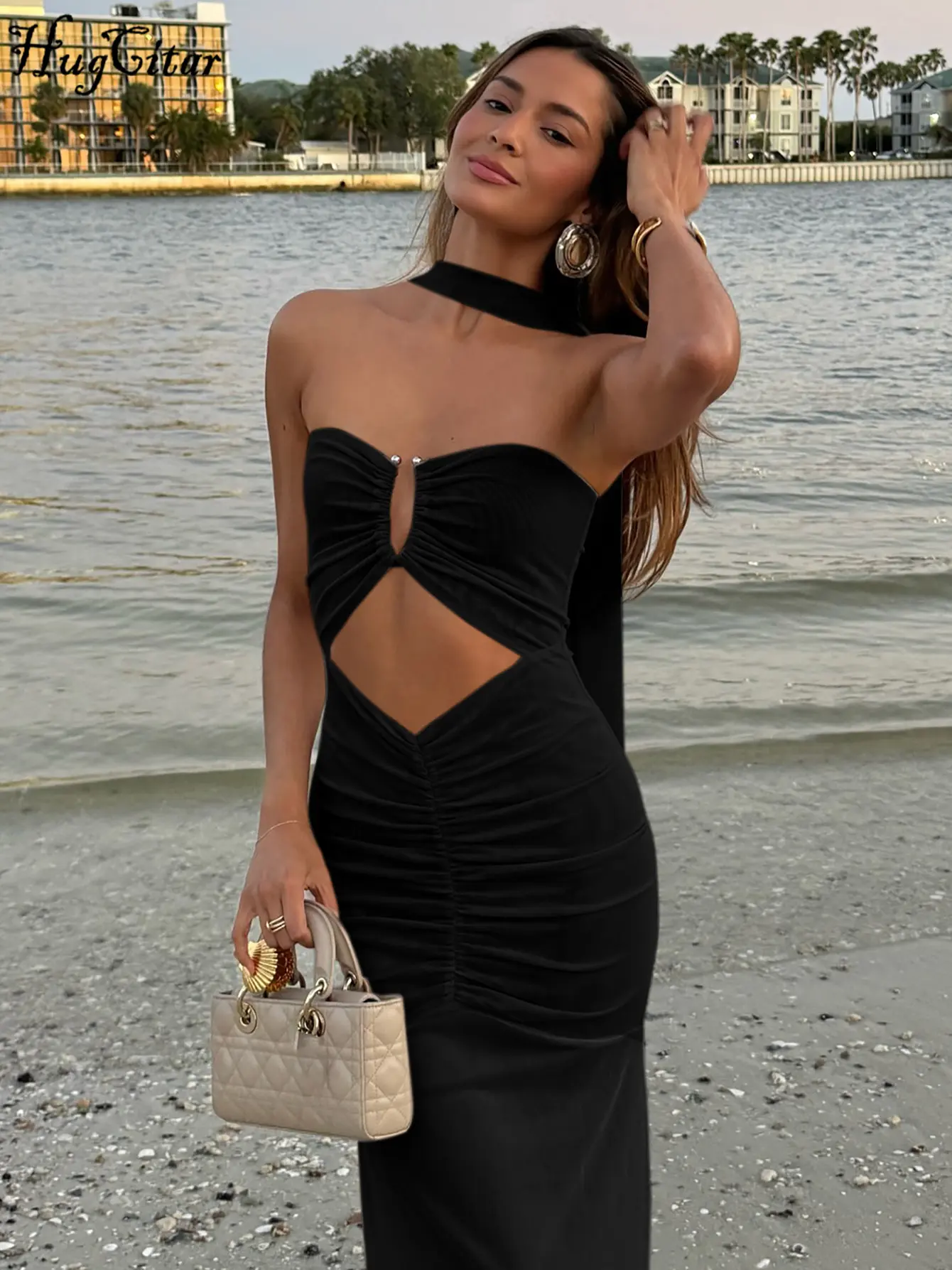 Hugcitar Scarf Strapless Solid Draped Sexy Backless Hollow Out Patchwork Slim Maxi Dress Fashion Women Vacation Y2K Outfit Party