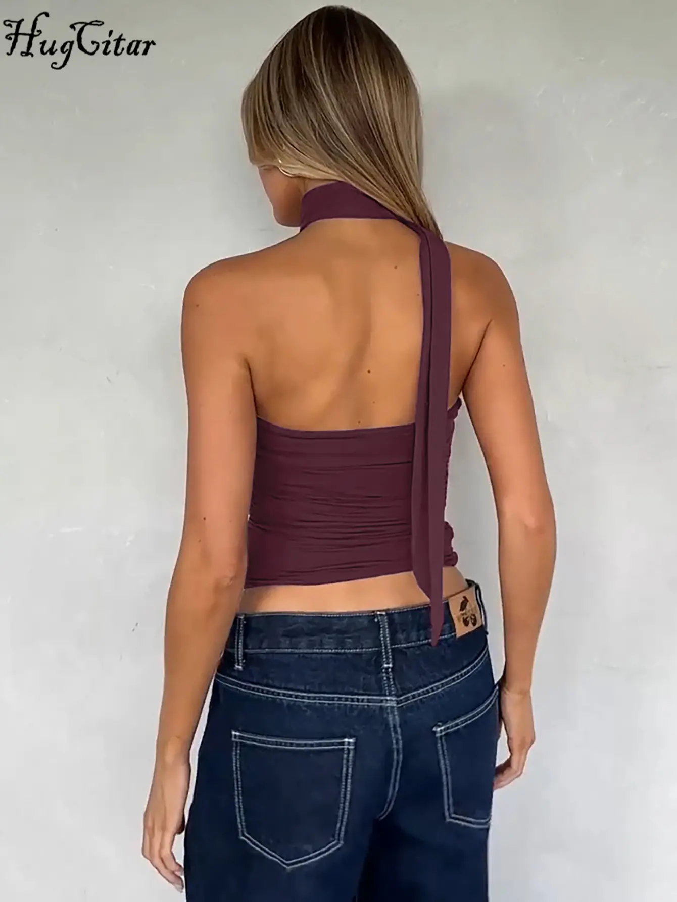 Hugcitar Women Elegant Halter Scarf Strapless Ruched Solid Sexy Slim Crop Tank Top 2025 Summer Casual Clothes Streetwear Party