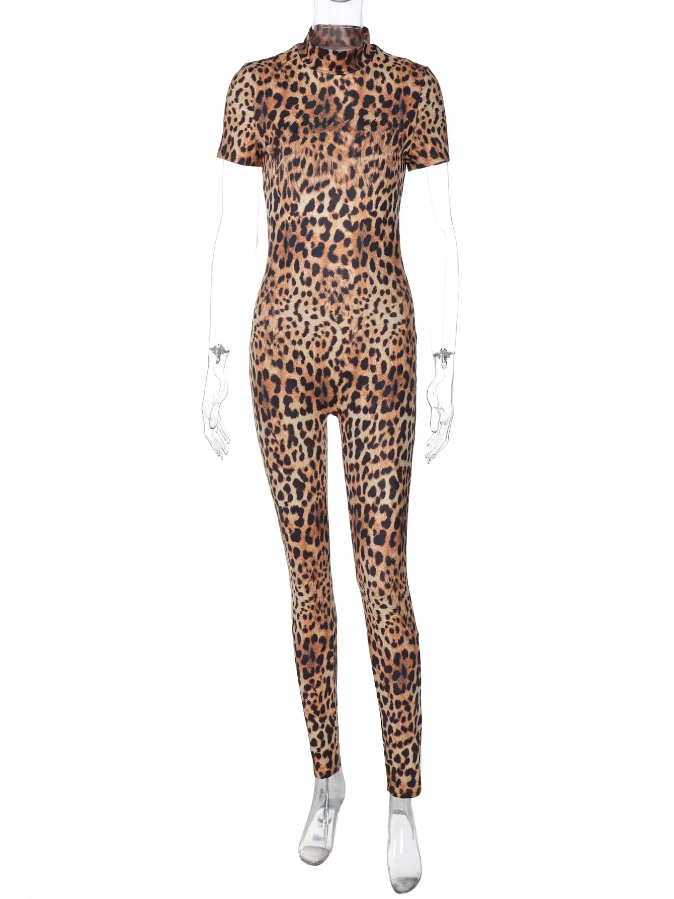 Hugcitar Print Turtleneck Short Sleeve Backless Ruched Sexy Bodycon Jumpsuit 2025 Summer Fashion Romper Streetwear Night Club