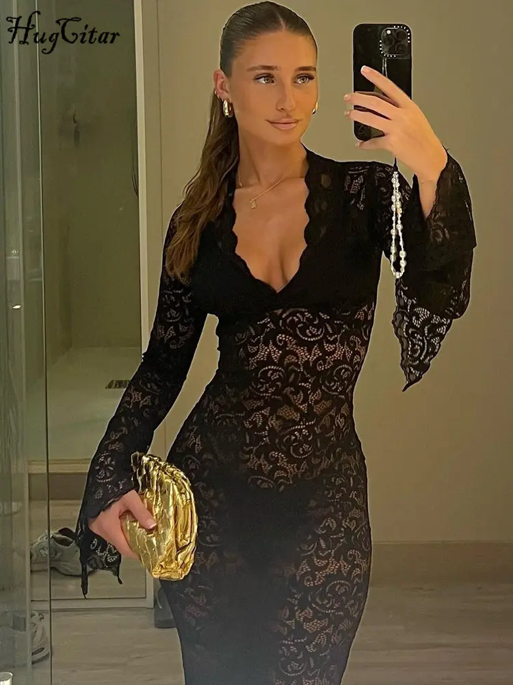 Hugcitar Mesh Floral Print V Neck Long Flare Sleeve Sexy See Through Maxi Dress Spring Women Fashion Clothes Beach Vacation Club