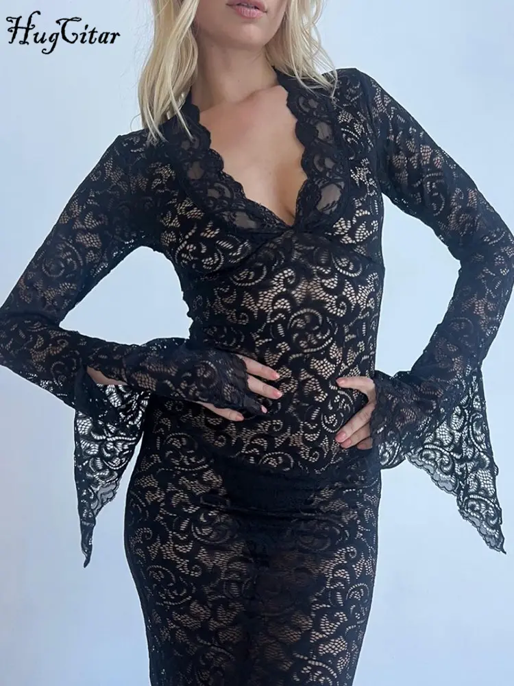 Hugcitar Mesh Floral Print V Neck Long Flare Sleeve Sexy See Through Maxi Dress Spring Women Fashion Clothes Beach Vacation Club