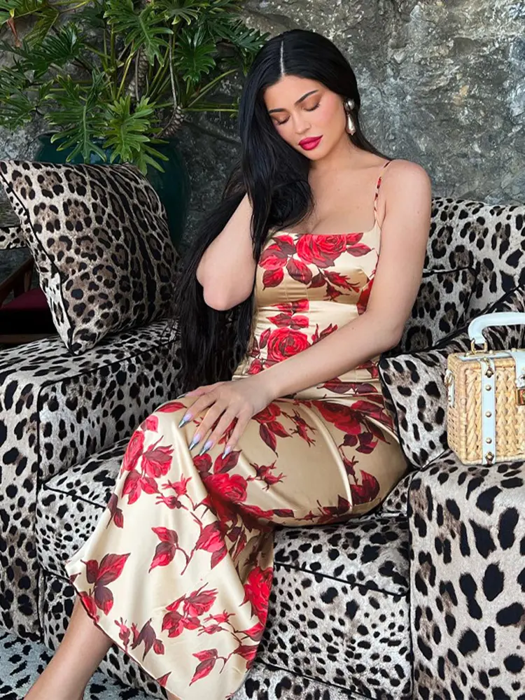 Hugcita 2025 Summer Women Strap Sexy Y2K Clothes Floral Print Sleeveless Backless Bodycon Midi Dress Outfits Club Birthday Party