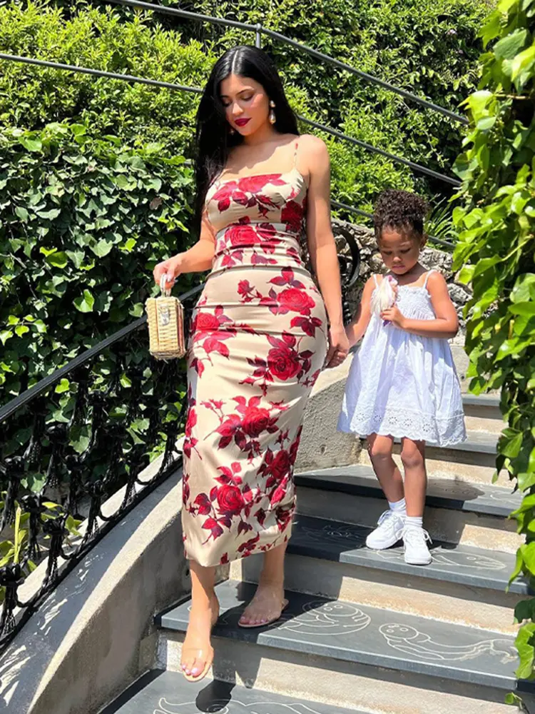 Hugcita 2025 Summer Women Strap Sexy Y2K Clothes Floral Print Sleeveless Backless Bodycon Midi Dress Outfits Club Birthday Party