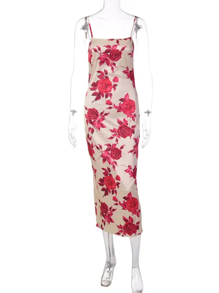 Hugcita 2025 Summer Women Strap Sexy Y2K Clothes Floral Print Sleeveless Backless Bodycon Midi Dress Outfits Club Birthday Party
