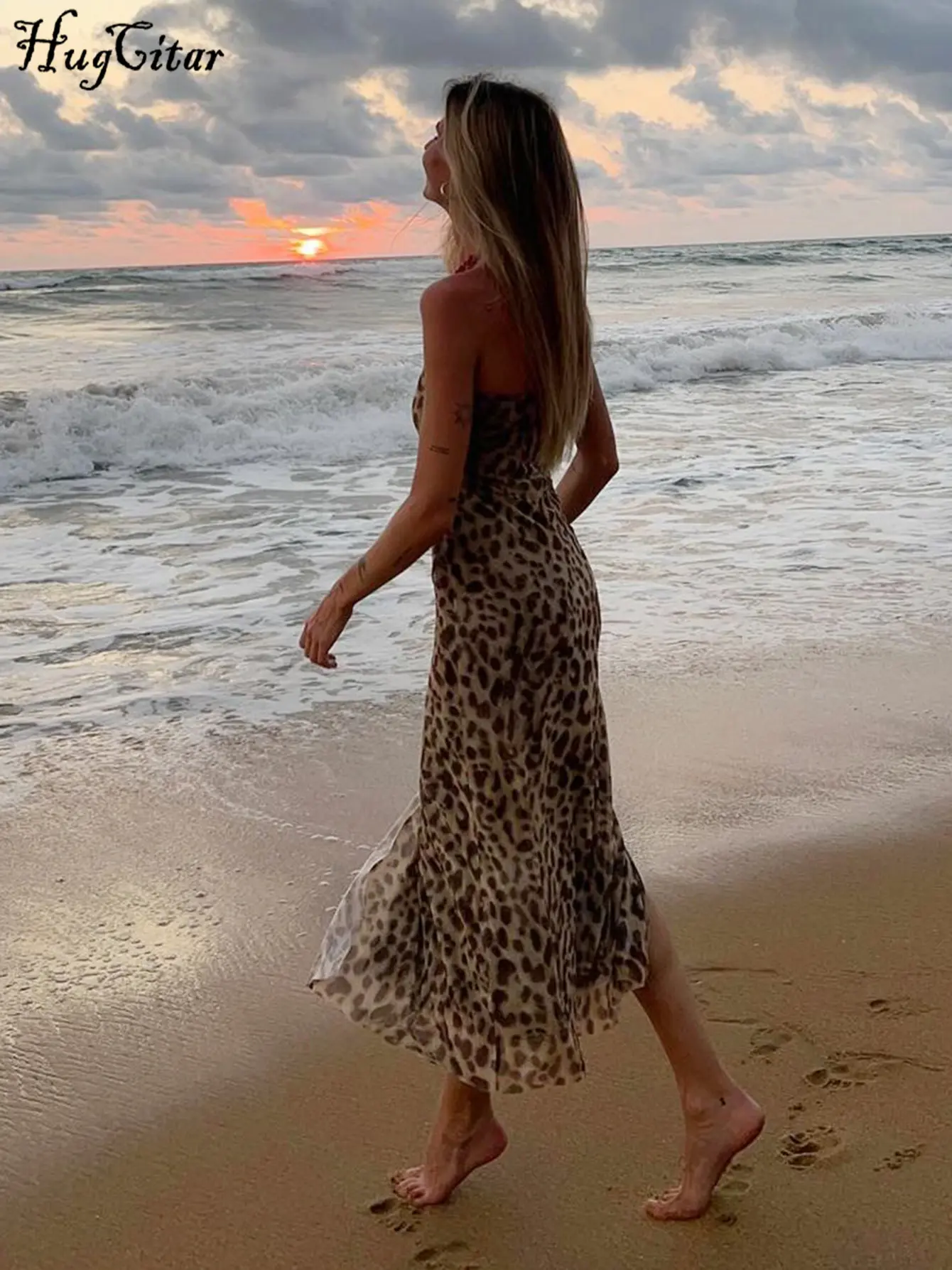 Hugcitar Women Fashion Leopard Print Strapless Slit Sexy Bodycon Midi Dress Summer Y2K Outfits  Beach Vacation Club Sundress