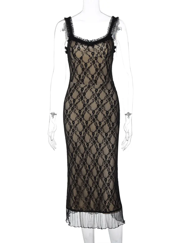 Hugcitar Black Sleeveless Straps Backless Patchwork Mesh Pleated Midi Dress Spring Women Fashion Outfit Streetwear Club Festival