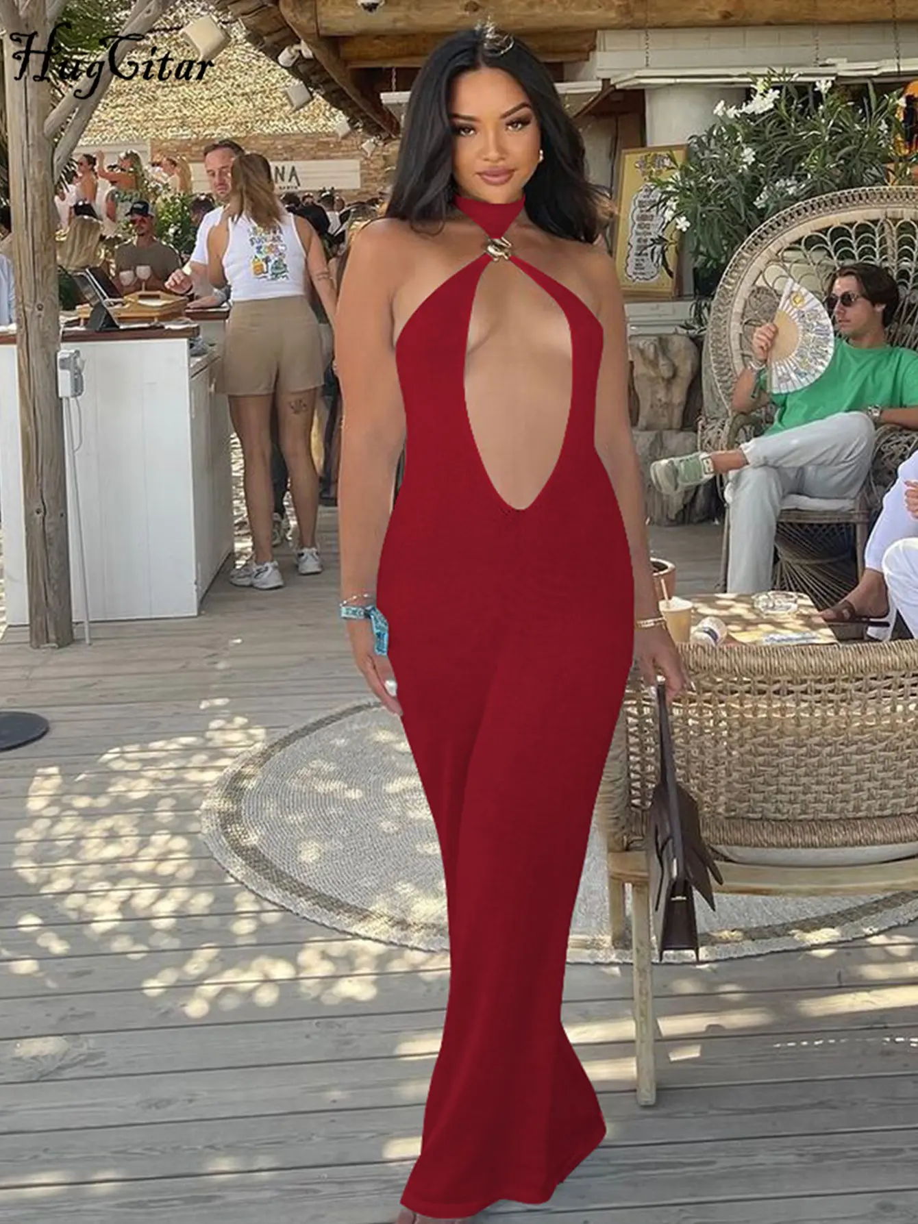 Hugcitar 2025 Fashion Halter Hollow Out Sexy Backless Bandage Solid Slim Maxi Dress Summer Women Y2K Clothes Party Night Club
